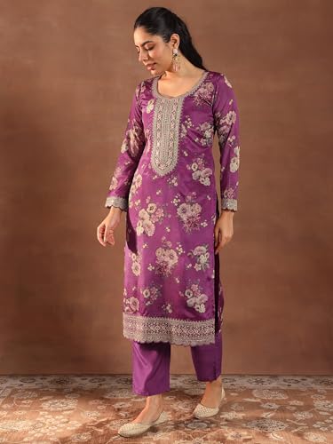 Image of Libas Womens Printed Silk Blend Straight Kurta With Palazzos and Dupatta | daily wear suit