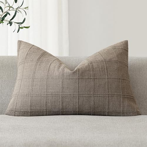 Image of Foindtower Set of 1 Decorative Linen Check Throw Pillow Cover Neutral Farmhouse Lumbar Cushion Cover Modern Boho Home Decor for Sofa Chair Couch Bedroom Living Room,12x20 Inch,Tan Taupe