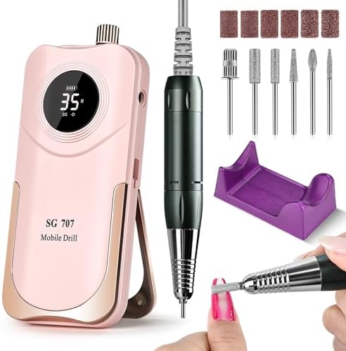 JEWHITENY Professional Rechargeable Nail Drill 35000 RPM, SG707 Electric Nail File with 6 Drill Bits for Acrylic Nails Gel Polishing Removing(Pink)