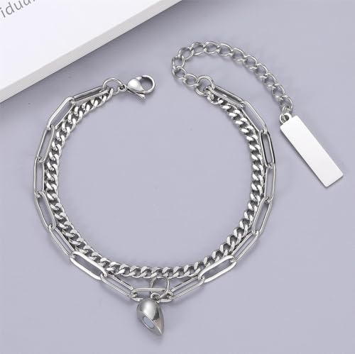 CRIZTIK Stainless Steel Couple Bracelet Paper Clip Link Chain Layered Chunky Chain Bracelet Handmade Lock Pendant Bracelets Set Friendship Bracelets Gift for Women Men3