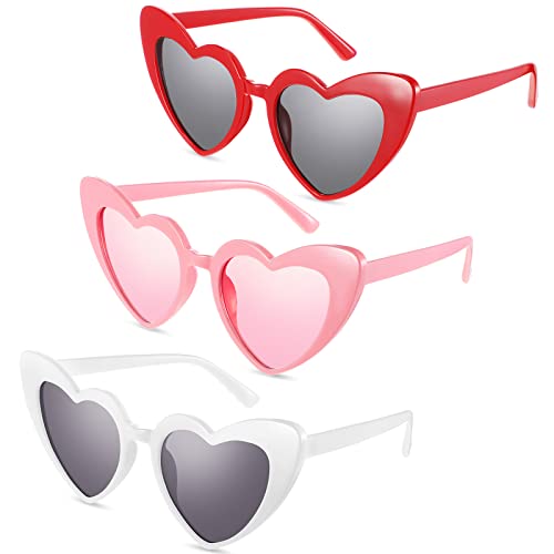 Konohan 3 Pairs Heart Sunglasses for Women Vintage Heart Shaped Sun Glasses Retro Cute Bachelorette Glasses for Summer Beach Party, White, Red, Pink