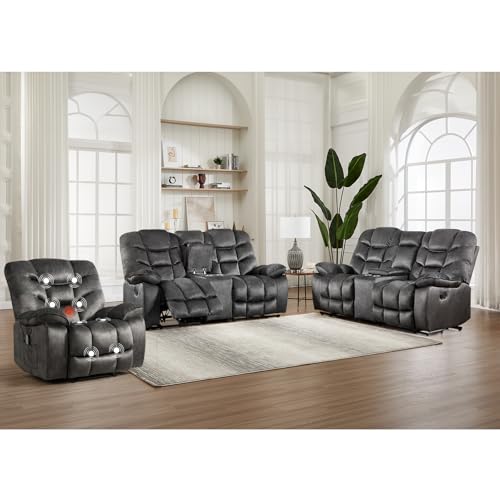 Image of HAOMARKETS 3 Pieces Recliner Sofa Furniture Set, Include Power Recliner Chair with Message&Heat and 2 Manual Loveseat Sofas with Hidden Storage and Cup Holders for Living Room, Grey