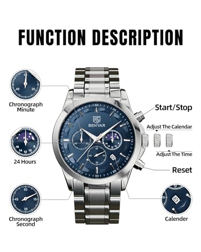 ساعة يد كوارتز كرونوغراف متعددة الوظائف للرجال من بي واي بينيار بلون ازرق، ساعة يد من الستانلس ستيل مناسبة كهدية للرجال والاعمال الكاجوال