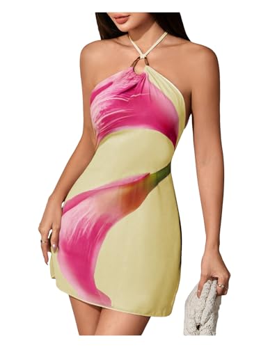 Image of MakeMeChic Women's Floral Halter Backless Cocktail Dress Ring Sleeveless Fall Mini Dresses