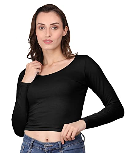 Image of A1059 Women's Cotton Scoop Neck Full Sleeve Crop Tops Black Readymade Saree Blouse for Women