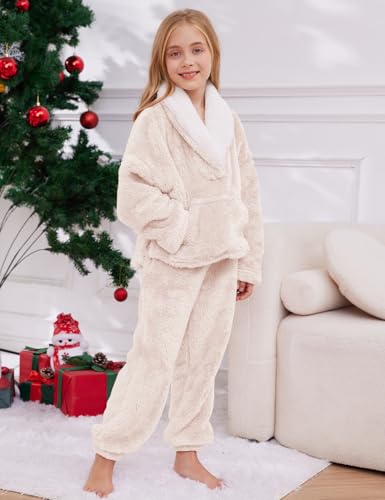 Gihuo Girls Fleece Pants Sets Fuzzy 2 Piece Outfits Lapel Collar Pullover Sweatshirt Set Sweatsuit 5-14Y2