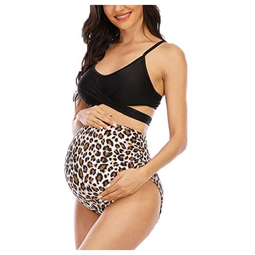Women Criss Cross Maternity Bikini High Waist String Floral Two Piece Pregnancy Swimwear Black Leopard Large