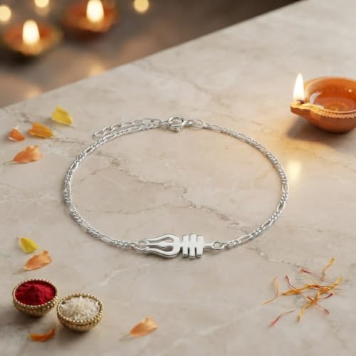 Image of Parnika 925 Pure 92.5 Sterling Silver Om Trishul Tripund Rudraksh Rakhi Bracelet for Brother | Hallmarked Silver Raksha Bandhan Rakhi | Premium Adjustable Rakhi Gift