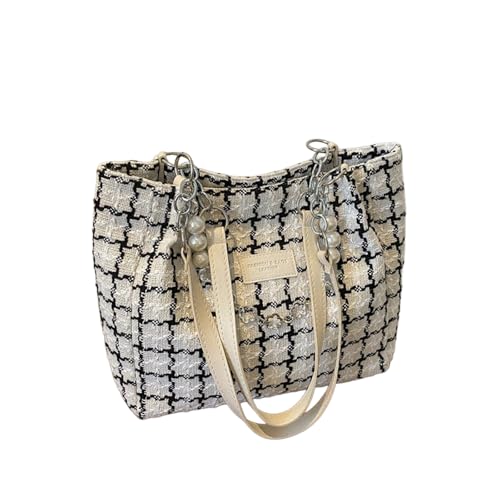 Checkered Crossbody Bag Knitted Plaid Tweed Tote Bag Elegant Checkered Shoulder Purse with Pearl Charm Vintage Woven Handbag
