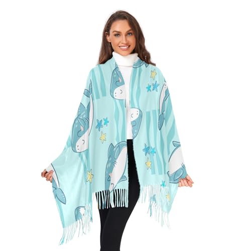 VIGTRO Women Wrap Pashmina Shawl Cute Shark Starfish Summer Cashmere Feel, Winter Warm Long Scarf with Tassels for Evening Dress & Wedding