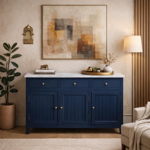 Image of Solid Wood Madrid Sideboard Cabinet with Sintered Stone Top for Living Room | Premium Acrylic Midnight Blue | 130x40x80 cm