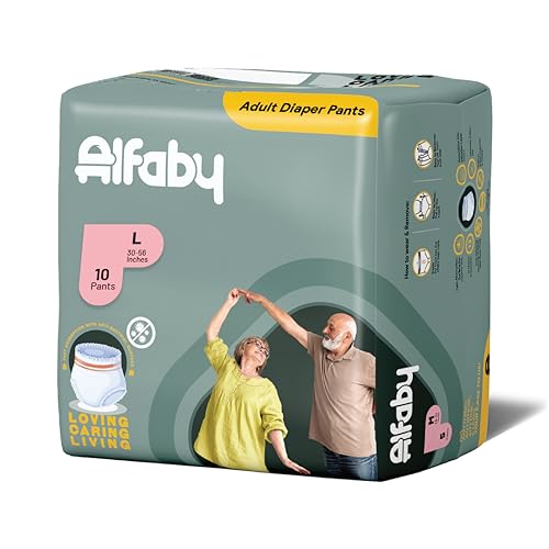 Image of Alfaby Premium Adult Diaper Pants for Men & Women - 10 Count | Large Size - L, Waist (76-142 cm I 30 inch-56 inch) | Elastic Waist, Underwear Pant Style | Upto 12 hr Absorption-Protection | Leakproof | Unisex