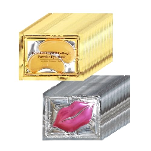 Ruzzut 40 Pairs Pink Lip Masks & Eye Masks, 24K Gold Gel Collagen Eye Patches for Puffy Eyes, Dark Circles, Wrinkles and Eye Bags, Moisturizing Crystal Mask Set for Women Men