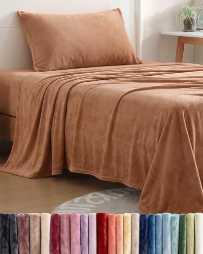 Image of Fleece Sheets Twin Size Set - 3-Piece Flannel Sheet Set - Mocha Mousse