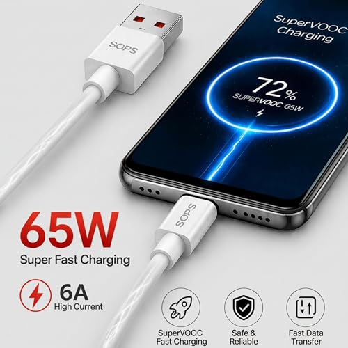 Image of 65W Super Fast Charging USB A to Type C Cable, Premium TPE USB C Charger Cable, High Speed Charging & Data Sync, Reinforced Connectors, 1 Meter, Compatible with USB Type-C Smartphones, White