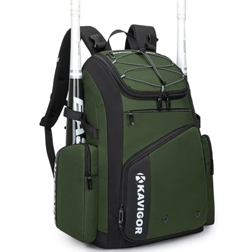 KAVIGOR Baseball Bag for Youth and Adult, Softball Bag 50L Large Capacity Holds 4 Bats, Equipment Backpack with Shoes Compartment