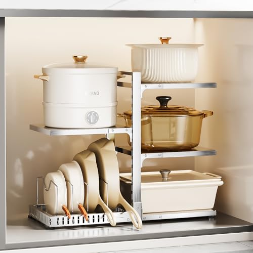 Pots and Pans Organizer Rack with Lid Holder – 8 pots, 304 Solid Stainless Steel Shelves Heavy Duty Adjustable Under Cabinet Pot Rack, Double-Sided Cabinet Organizer,Silver