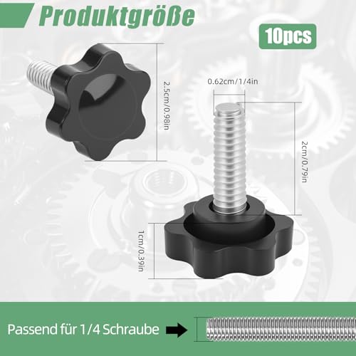 10 Stück Sterngriffschraube, 1/4-20 Schwarze Rändelschraube, Rändelmuttern mit Gewinde, Sterngriff Schrauben, für mechanische Instrumente, Werkzeugmaschinen Möbelgriff, Elektronische Geräte