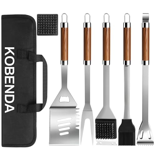 KOBENDA 7-teiliges Grillbesteck Set aus Edelstahl Rostfrei mit Aufbewahrungstasche, Grillset mit Hitzebeständigen Holz Griffen, Ideal als Grill Geschenk für Männer Professionelle BBQ Zubehör