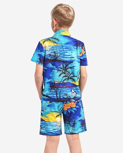 HASMES Boys Hawaiian Outfits Tropical Print Button Down Shirts and Short Sets for 5-12Y Kids - Image 4