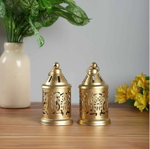 Image of Hanging Metal Candle & Tealight Holder Lantern Set with LED Candle - Vintage Golden Decorative Lanterns for Home, Living Room, Dining Table, Balcony, Garden, Festival & Gift (Pack of 1)