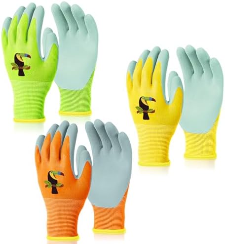 OSDUE 3 Paar Kinder Arbeitshandschuhe, für 6–8 Jahre | Gartenhandschuhe Kinder, Schutzhandschuhe Handschuhe mit Handflächenbeschichtung, Wasser- und staubdicht