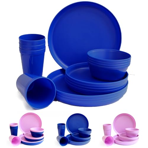 Fingey Plastic Dinnerware Set of 16 Pieces, Reusable Light Weight Plates Mugs Bowls Dishes Microwave Safe BPA Free Dishwasher Safe Service for 4 (Blue)