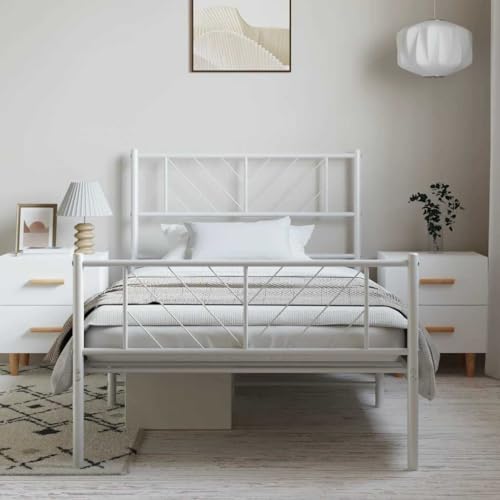 Teenpull Estructura de cama con cabecero y reposapiés, 100 x 190 cm, cama de metal resistente, color blanco, para dormitorio, marco estable para esteras
