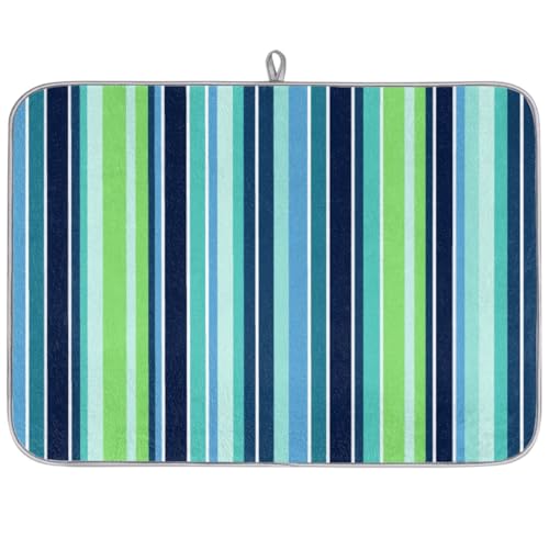 Tapete de secado de platos con rayas verticales verde azulado para encimera de cocina, tapete escurridor de platos absorbente, lavable para escurridores de encimera, 61 x 46 cm