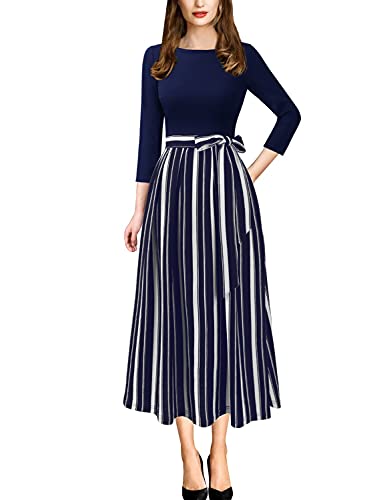 VFSHOW Womens Navy Blue and White Striped Print Spring Fall Elegant Patchwork Pockets Work Business Office Casual Party A-Line Midi Dress 3733 BLU M