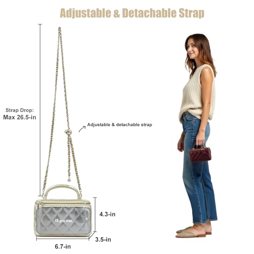 Image of M-ioi-M Small Genuine Leather Purse Quilted Crossbody Bag for Women, Mini Top-Handle Shoulder Handbag w /Gold Chain Strap