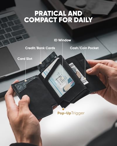 VULKIT Mens Wallet RFID Blocking with Airtag Cover, Pop-Up Credit Card Ejector, ID Window and Coin Pocket, Magnetic Closure, Gift Box Packed, Black4