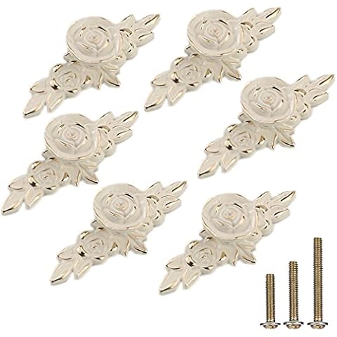 ESreake 6 Pack European Style Rose Cabinet Knobs with Backplate,102mm Vintage Kitchen Zinc Alloy Flower Drawer Pull Handle for Dresser Vanity Cupboard Wardrobe Ivory White & Gold Edge (6 Pack, 4.0") Cover