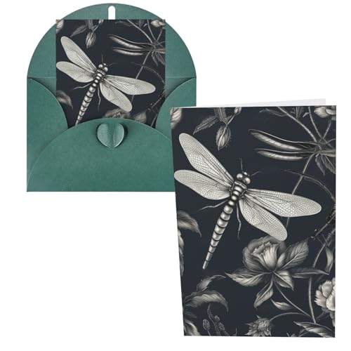 QMNSEHF 黒い花とトンボのグリーティングカード 封筒付き Thank YouCard Happy Birthdayカード 女性用 男性用 クリスマス ハロウィン 結婚式 ブランク ノートカード あらゆる機会 グリーティングカード 4x6