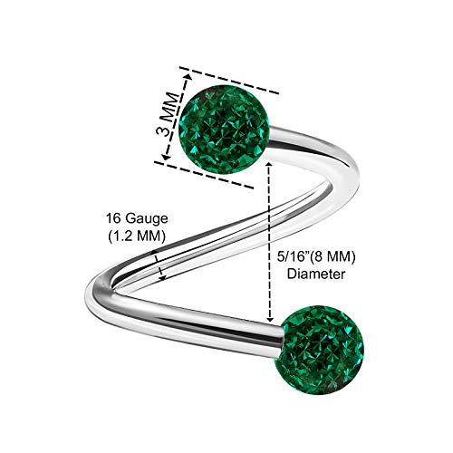 2Pcs Stainless Steel Twisted Barbell 16 Gauge 5/16 8Mm 3Mm Emerald Crystal Ball Auricle Earrings Labret Piercing Jewelry 2166 #TOP1