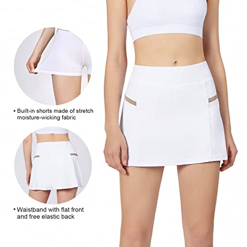 POSHDIVAH Women's Athletic Skirts with Built-in Shorts Skorts for Tennis Golf Running Workout and Casual White L