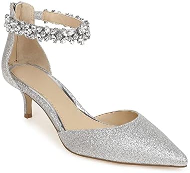 Guayonng Womens Pointed Toe Kitten Heels Pumps Cut Out Ankle Strap Rhinestone Zipper Low Heel Ladies Wedding Party Dress Shoes Silver