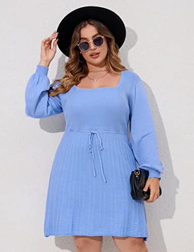 Image of Women's Plus Size Casual Sweater Dress Square Neck Long Lantern Sleeve Tie Waist Loose Pullover Sweater Dresses