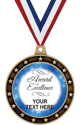 Award of Excellence Custom Text Medals 10 Pack – Recognition Blue Star Personalized Value Pack of 10 Gold Medal Awards