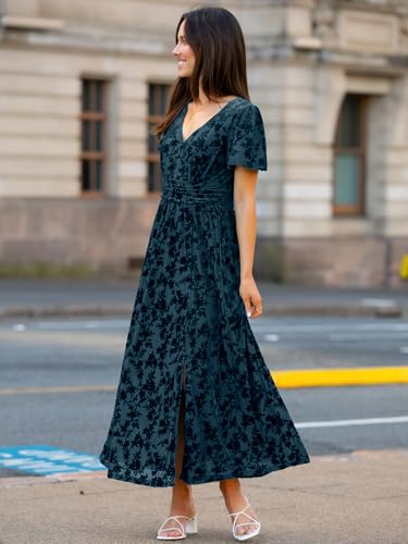 Image of Simplee Women's Velvet Maxi Dress V Neck Short Sleeve Empire Waist Semi Formal Long Cocktail Dresses