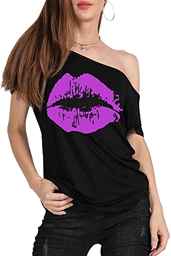 MAGICMK Women’s Short Lips Print Causal Off The Shoulder Plus Size T-Shirt Tops4
