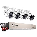 ZOSI 8CH 5MP Kit de Cámaras de Vigilancia PoE H.265+ PoE NVR + (4) Cámara de Seguridad Exterior + 1TB Disco Duro, 30M Visión Nocturna