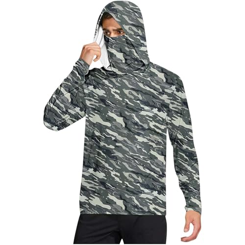 Fishing Shirts for Men Casual Hooded UPF 50+ Long Sleeve Rash Guard Sun Shirts UV SPF Hiking Cooling Hoodie with Mask