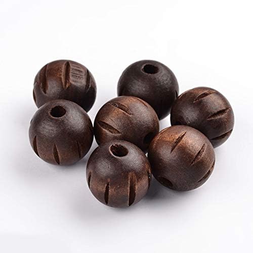 Pandahall 200pcs 25mm/ Round Wood Beads Coffee Painted with 6-7mm Large Hole Beads Barrel Wooden Beads with Carved Pattern Loose Spacer for Jewelry Bracelet Making Handmade Crafts