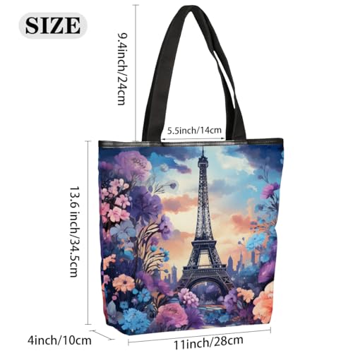 Paris Tower Flower Canvas Tote Bag for Women Large Tote Bag with Zipper & Pockets Canvas Beach Bag Shoulder Bag Reusable Shopping Bags Cute Tote Bags for Work Travel2