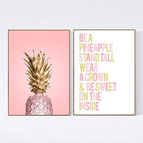 Vlolvfe Bird Pink Golden Pineapple Wall Art Canvas Painting Nordic Posters And Prints Fruit Canvas Wall Art Pictures For Living Room Decor Unframed (16x24inchx2 Unframed)