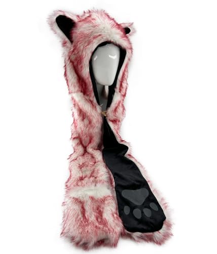 FHQHTH Faux Fur Animal Hood 3 in 1 Scarf Gloves Hat with Paws and Ears for Women Furry Wolf Cosplay Costume2