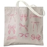 Veqzc Pink Preppy Bow Canvas Tote Bag,Coquette Trendy Pink Ribbon Bow Tote Bag,Pink Bow Lover Canvas Bag For Teen Girl Friend Birthdays Gift