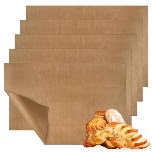 Image of 5 Pieces Teflon Oven Liners, 60x40 cm Teflon Reusable Baking Sheet Tray Liner, Non-Stick Parchment Paper for Baking, Washable Heat Press Sheets for Baking, Cooking, Grilling, Air Fryer,BBQ(Brown)