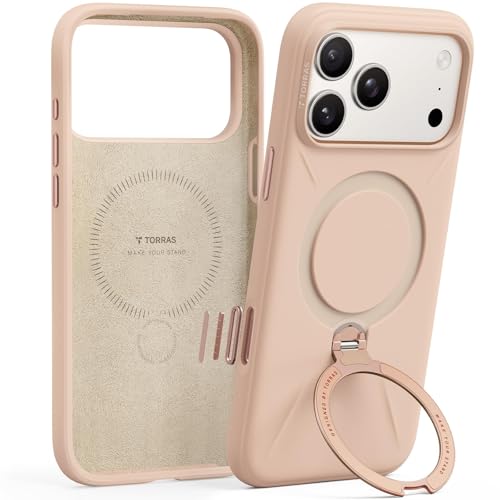 Image of TORRAS Ostand Q3 Silicone for iPhone 17 Pro Case | Luxury 55 Liquid Silicone | 360 Click-Lock Rotating Stand Cover | Fit for MagSafe | Camera Control | Premium Imported | Bliss Pink